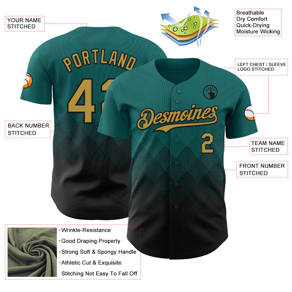 Custom Teal Old Gold-Black 3D Gradient Square Shape Authentic Baseball Jersey - Sky-Custom