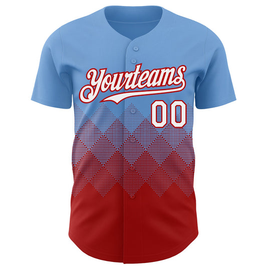Custom Light Blue White-Red 3D Gradient Square Shape Authentic Baseball Jersey - Sky-Custom