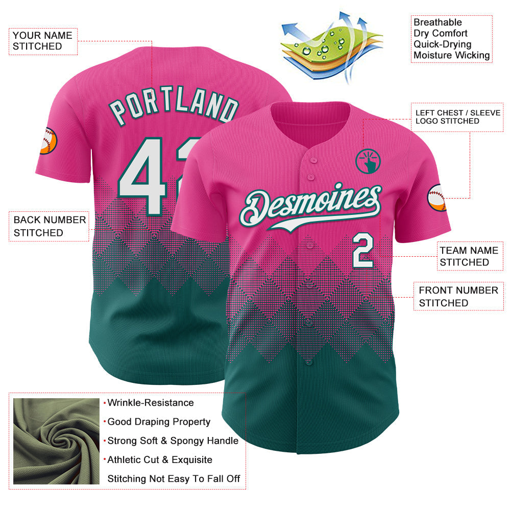 Custom Pink White-Teal 3D Gradient Square Shape Authentic Baseball Jersey - Sky-Custom