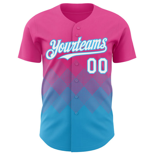 Custom Pink White-Sky Blue 3D Gradient Square Shape Authentic Baseball Jersey - Sky-Custom