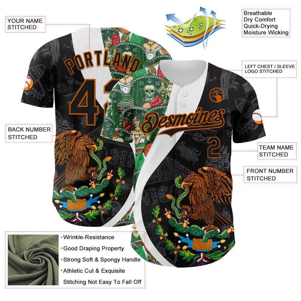 Custom Black Kelly Green Texas Orange-White 3D Mexico Authentic Baseball Jersey - Sky-Custom