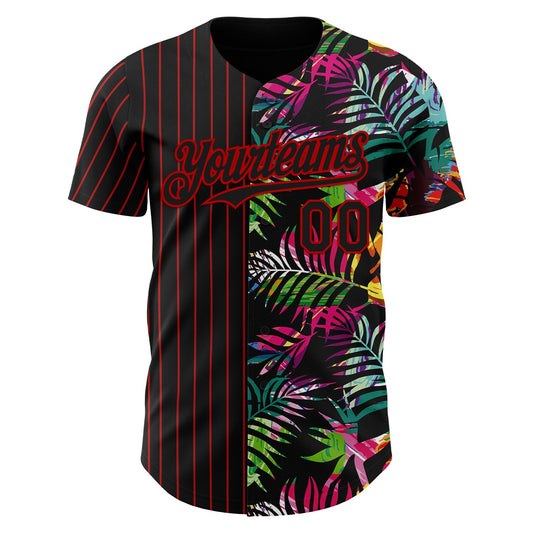 Custom Black Red 3D Pattern Design Pinstripe Tropical Palm Leaves Authentic Baseball Jersey - Sky-Custom