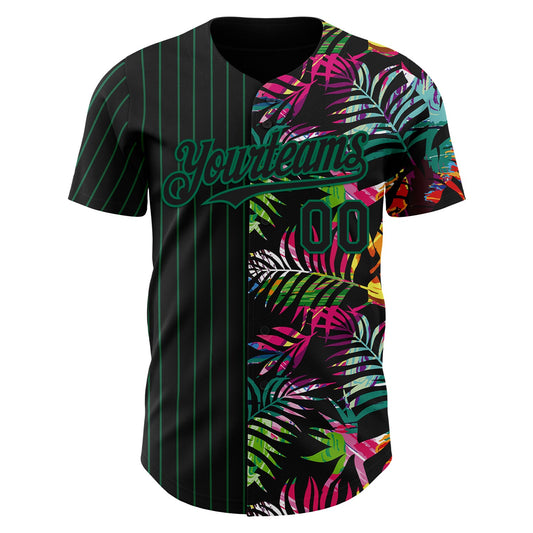 Custom Black Kelly Green 3D Pattern Design Pinstripe Tropical Palm Leaves Authentic Baseball Jersey - Sky-Custom
