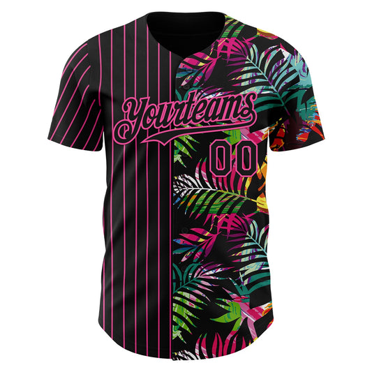 Custom Black Pink 3D Pattern Design Pinstripe Tropical Palm Leaves Authentic Baseball Jersey - Sky-Custom