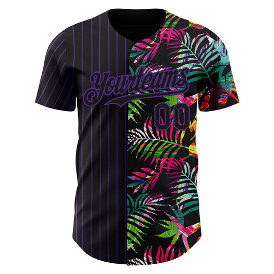 Custom Black Purple 3D Pattern Design Pinstripe Tropical Palm Leaves Authentic Baseball Jersey - Sky-Custom