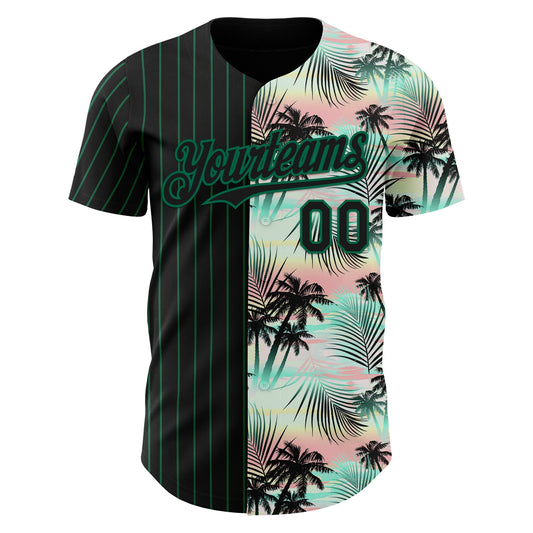 Custom Black Kelly Green 3D Pattern Design Pinstripe Tropical Palm Leaves Authentic Baseball Jersey - Sky-Custom