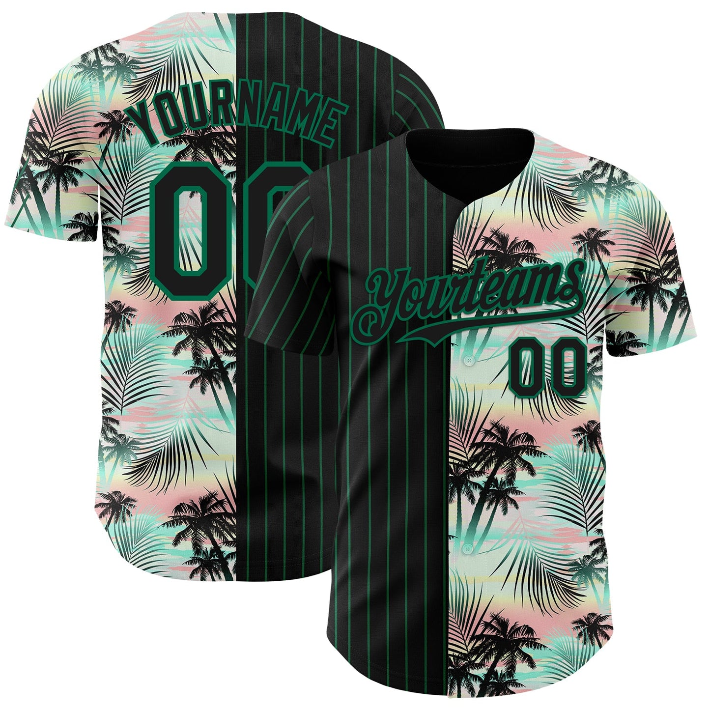 Custom Black Kelly Green 3D Pattern Design Pinstripe Tropical Palm Leaves Authentic Baseball Jersey - Sky-Custom