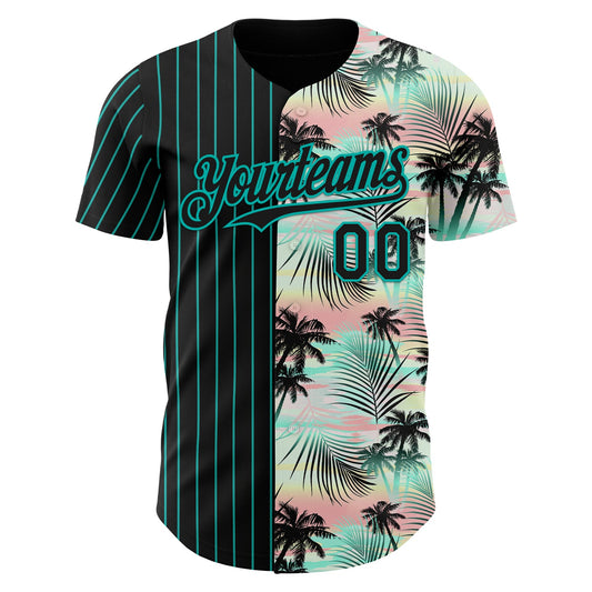 Custom Black Aqua 3D Pattern Design Pinstripe Tropical Palm Leaves Authentic Baseball Jersey - Sky-Custom