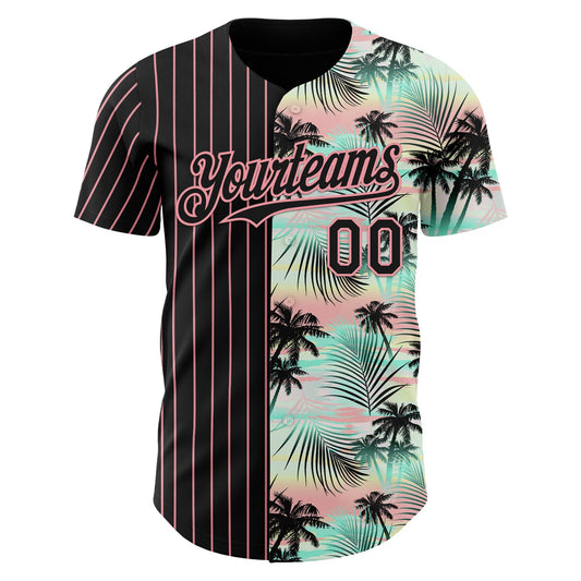 Custom Black Medium Pink 3D Pattern Design Pinstripe Tropical Palm Leaves Authentic Baseball Jersey - Sky-Custom