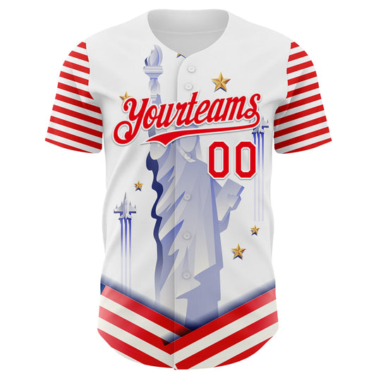 Custom White Fire Red 3D Patriotic American Flag And Statue of Liberty Authentic Baseball Jersey - Sky-Custom