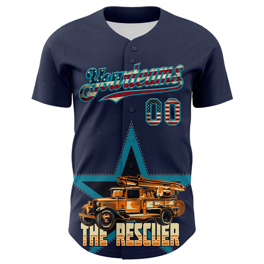 Custom Navy Vintage USA Flag-Teal 3D Patriotic American Symbol Fire Truck Authentic Baseball Jersey - Sky-Custom