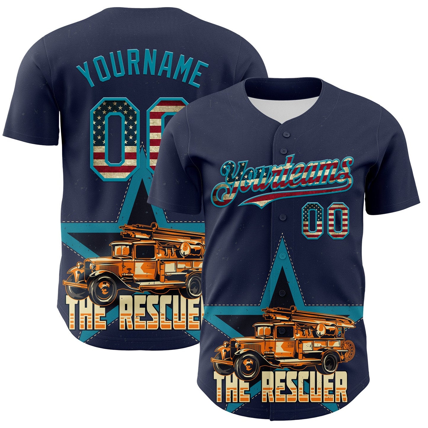 Custom Navy Vintage USA Flag-Teal 3D Patriotic American Symbol Fire Truck Authentic Baseball Jersey - Sky-Custom