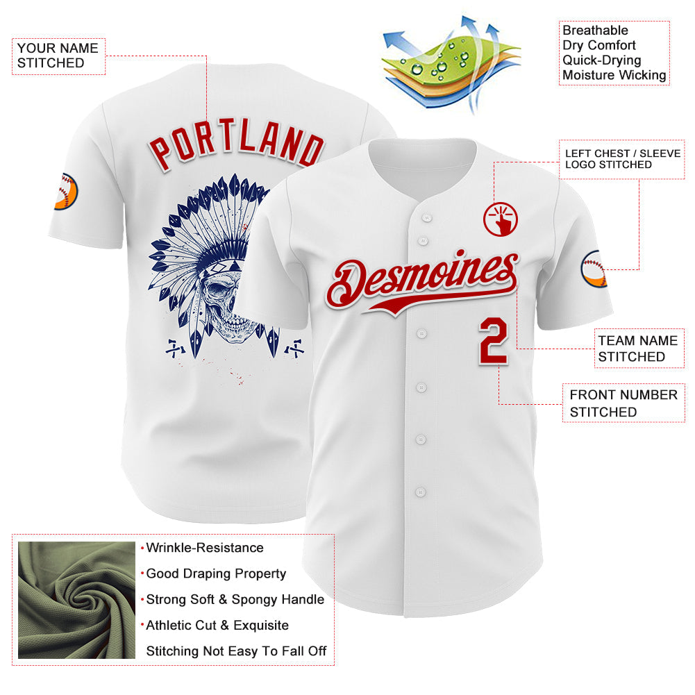 Custom White Red 3D Native American Skull Authentic Baseball Jersey - Sky-Custom