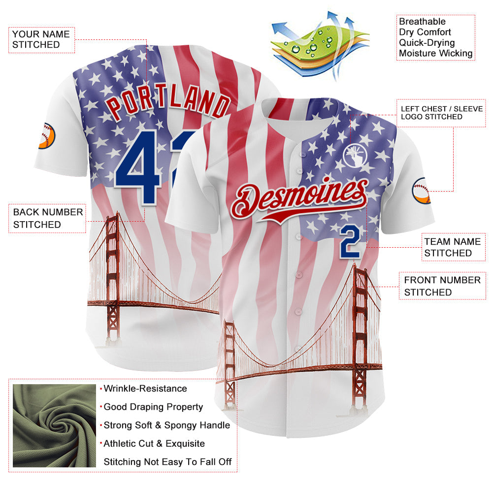 Custom White Royal-Red 3D Patriotic American Flag And Golden Gate Bridge Authentic Baseball Jersey - Sky-Custom