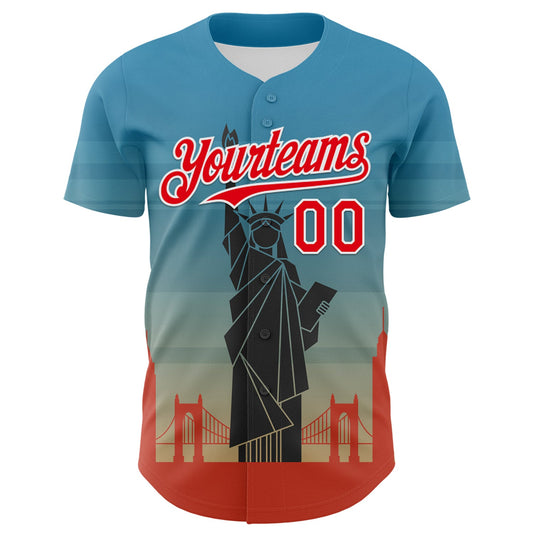 Custom Blue Fire Red-White 3D Pattern Design Patriotic American Symbol Golden Gate Bridge And Statue of Liberty Authentic Baseball Jersey - Sky-Custom