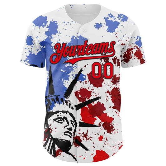 Custom White Fire Red-Black 3D Patriotic American Flag And Splatter Statue of Liberty Authentic Baseball Jersey - Sky-Custom