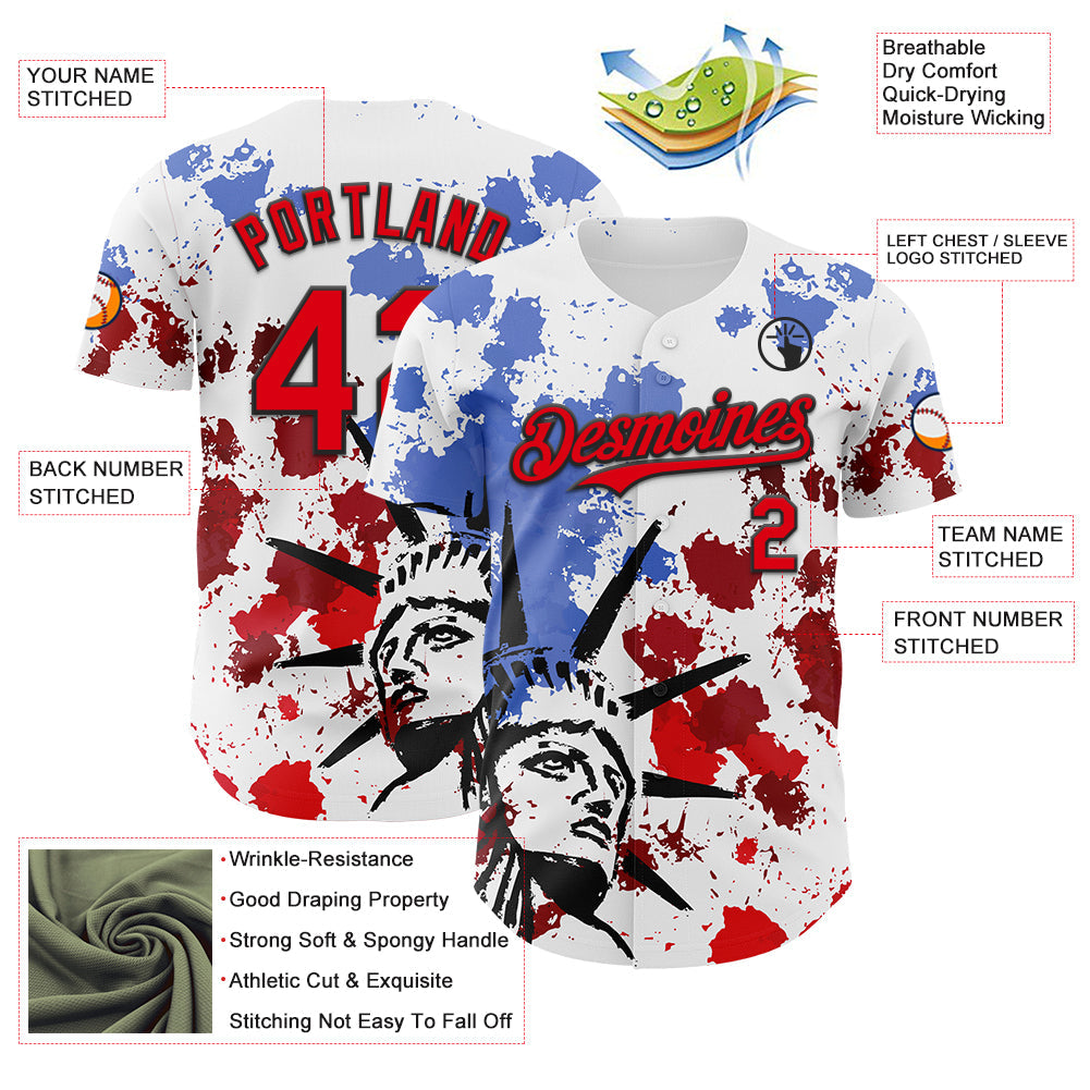 Custom White Fire Red-Black 3D Patriotic American Flag And Splatter Statue of Liberty Authentic Baseball Jersey - Sky-Custom