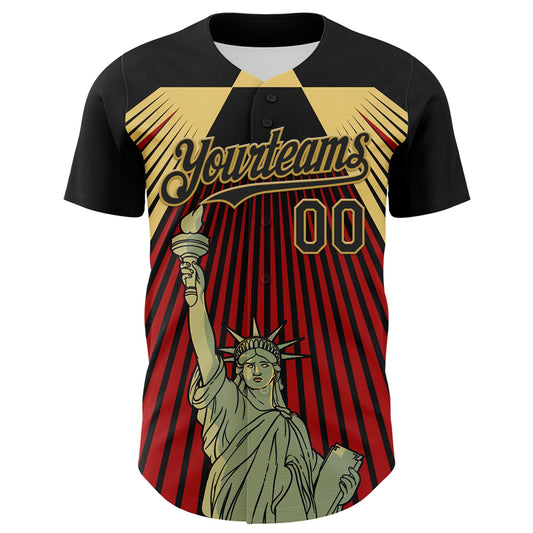 Custom Black Red-Old Gold 3D Pattern Design Patriotic American Symbol Statue of Liberty Authentic Baseball Jersey - Sky-Custom