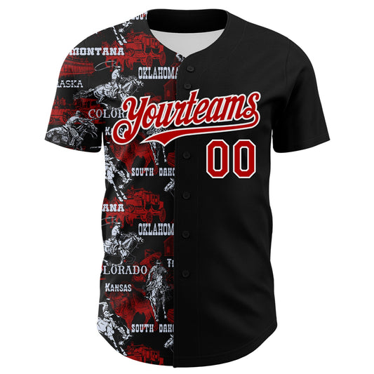Custom Black Red-White 3D Pattern Design Patriotic American Spirit Rodeo Cowboy Authentic Baseball Jersey - Sky-Custom