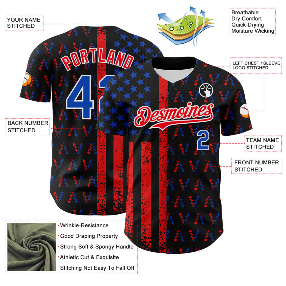 Custom Black Thunder Blue Fire Red-White 3D Patriotic American Flag Authentic Baseball Jersey - Sky-Custom