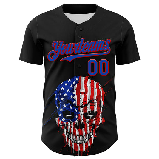 Custom Black Thunder Blue-Red 3D Patriotic Skull American Flag Authentic Baseball Jersey - Sky-Custom