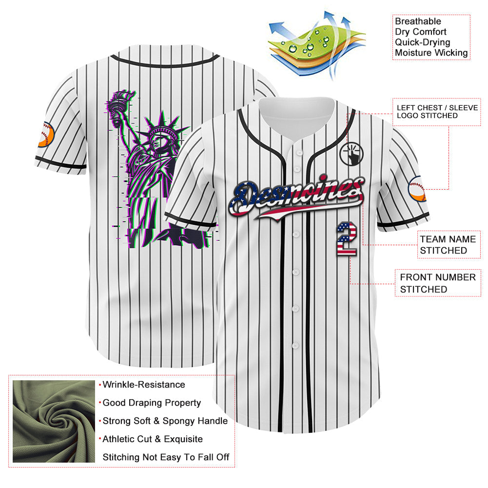 Custom White Gray Pinstripe USA Flag-Black 3D Patriotic American Symbol Statue of Liberty Authentic Baseball Jersey - Sky-Custom
