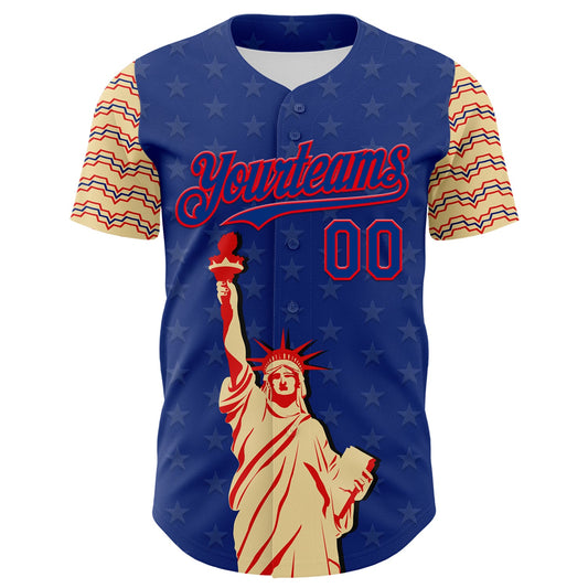 Custom Royal Fire Red-Cream 3D Pattern Design Patriotic American Symbol Statue of Liberty Authentic Baseball Jersey - Sky-Custom