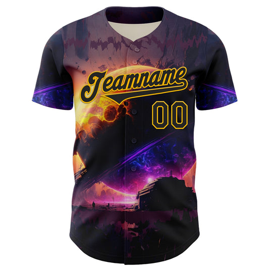 Custom Black Gold 3D Pattern Design Outer Space Solar Authentic Baseball Jersey - Sky-Custom