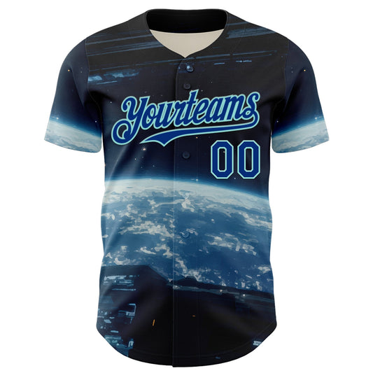 Custom Black Royal-Ice Blue 3D Pattern Design Outer Space Starships Authentic Baseball Jersey - Sky-Custom