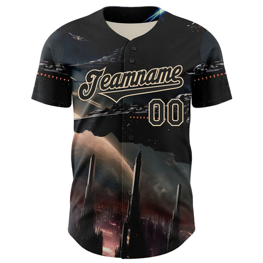 Custom Black City Cream 3D Pattern Design Outer Space Starships Authentic Baseball Jersey - Sky-Custom
