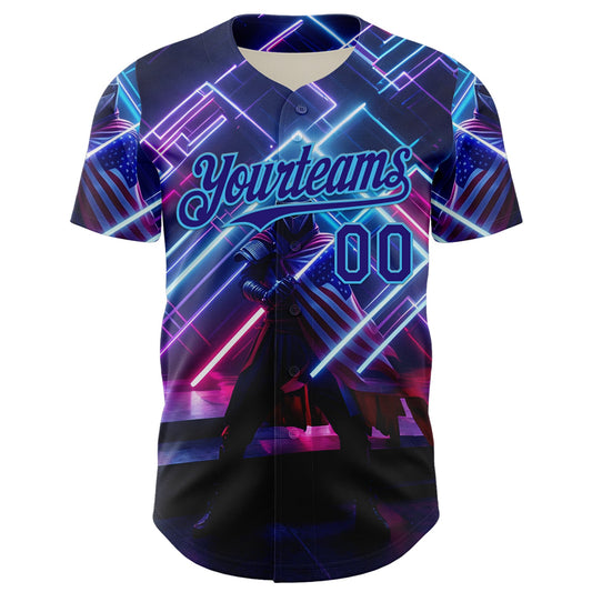 Custom Blue Dark Purple-Sky Blue 3D Pattern Design Outer Space Light Swords American Flag Authentic Baseball Jersey - Sky-Custom