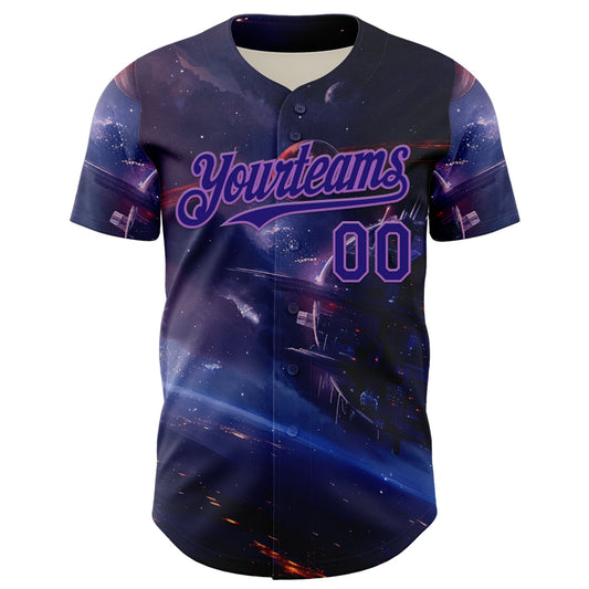 Custom Blue Dark Purple-Medium Purple 3D Pattern Design Outer Space Starships Authentic Baseball Jersey - Sky-Custom