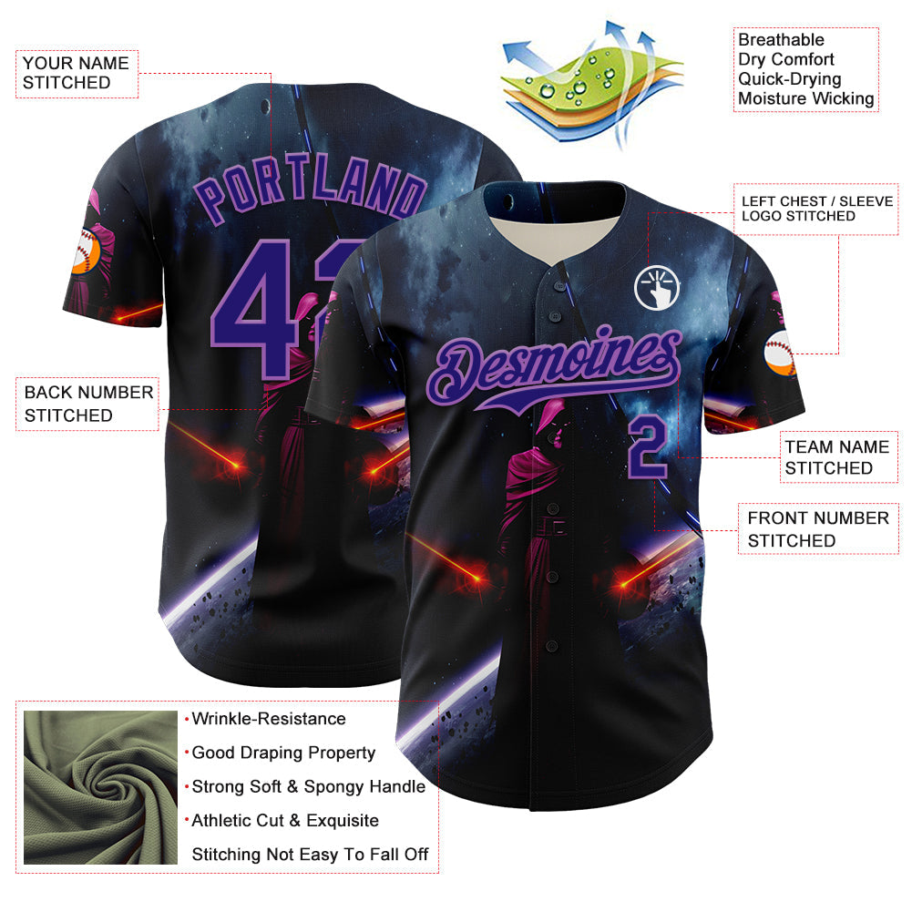 Custom Black Dark Purple-Medium Purple 3D Pattern Design Outer Space Light Swords Authentic Baseball Jersey - Sky-Custom
