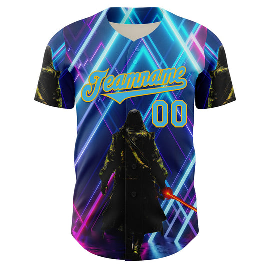 Custom Blue Sky Blue-Gold 3D Pattern Design Outer Space Light Swords Authentic Baseball Jersey - Sky-Custom