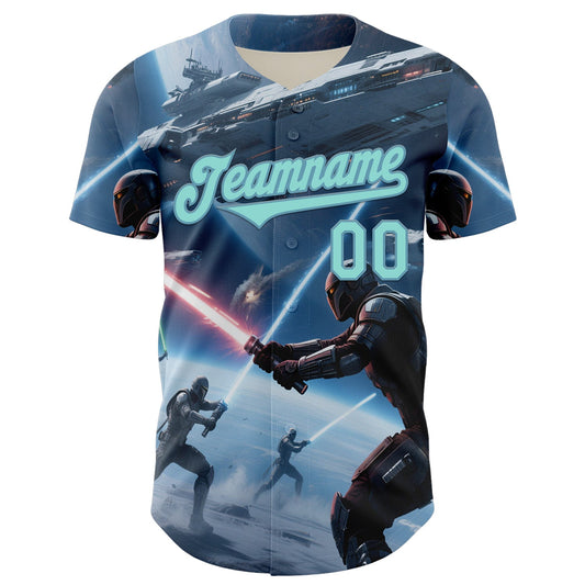 Custom Blue Ice Blue-Shadow Blue 3D Pattern Design Outer Space Light Swords Starships Authentic Baseball Jersey - Sky-Custom
