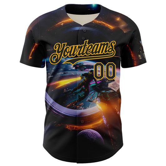 Custom Black Gold 3D Pattern Design Outer Space Light Swords Starships Authentic Baseball Jersey - Sky-Custom