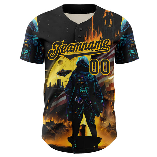 Custom Black Gold 3D Pattern Design Outer Space Starships American Flag Authentic Baseball Jersey - Sky-Custom