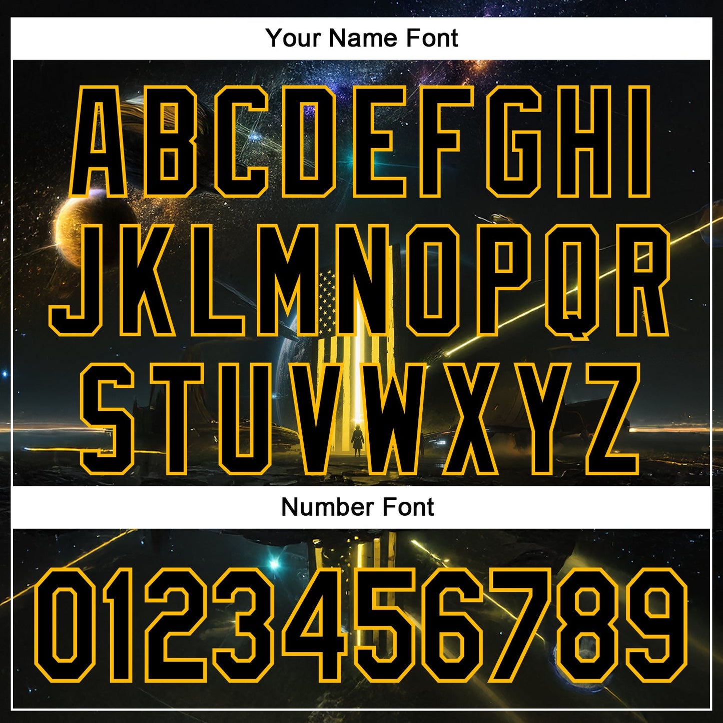 Custom Black Gold 3D Pattern Design Outer Space Light Swords American Flag Authentic Baseball Jersey - Sky-Custom