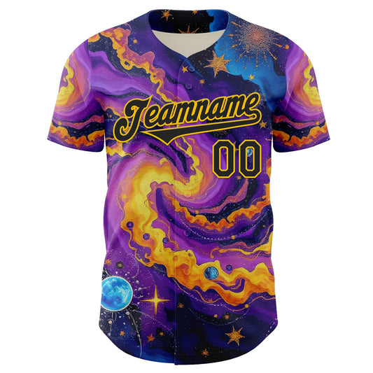 Custom Purple Black-Yellow 3D Pattern Design Outer Space Galaxy Authentic Baseball Jersey - Sky-Custom