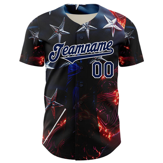 Custom Blue Navy-White 3D Pattern Design Outer Space Light Swords American Flag Authentic Baseball Jersey - Sky-Custom