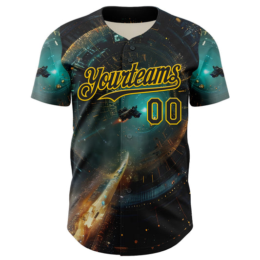 Custom Blue Black-Yellow 3D Pattern Design Outer Space Starships Authentic Baseball Jersey - Sky-Custom
