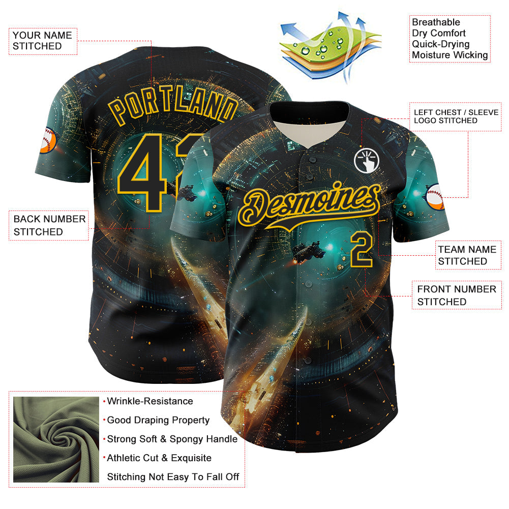Custom Blue Black-Yellow 3D Pattern Design Outer Space Starships Authentic Baseball Jersey - Sky-Custom