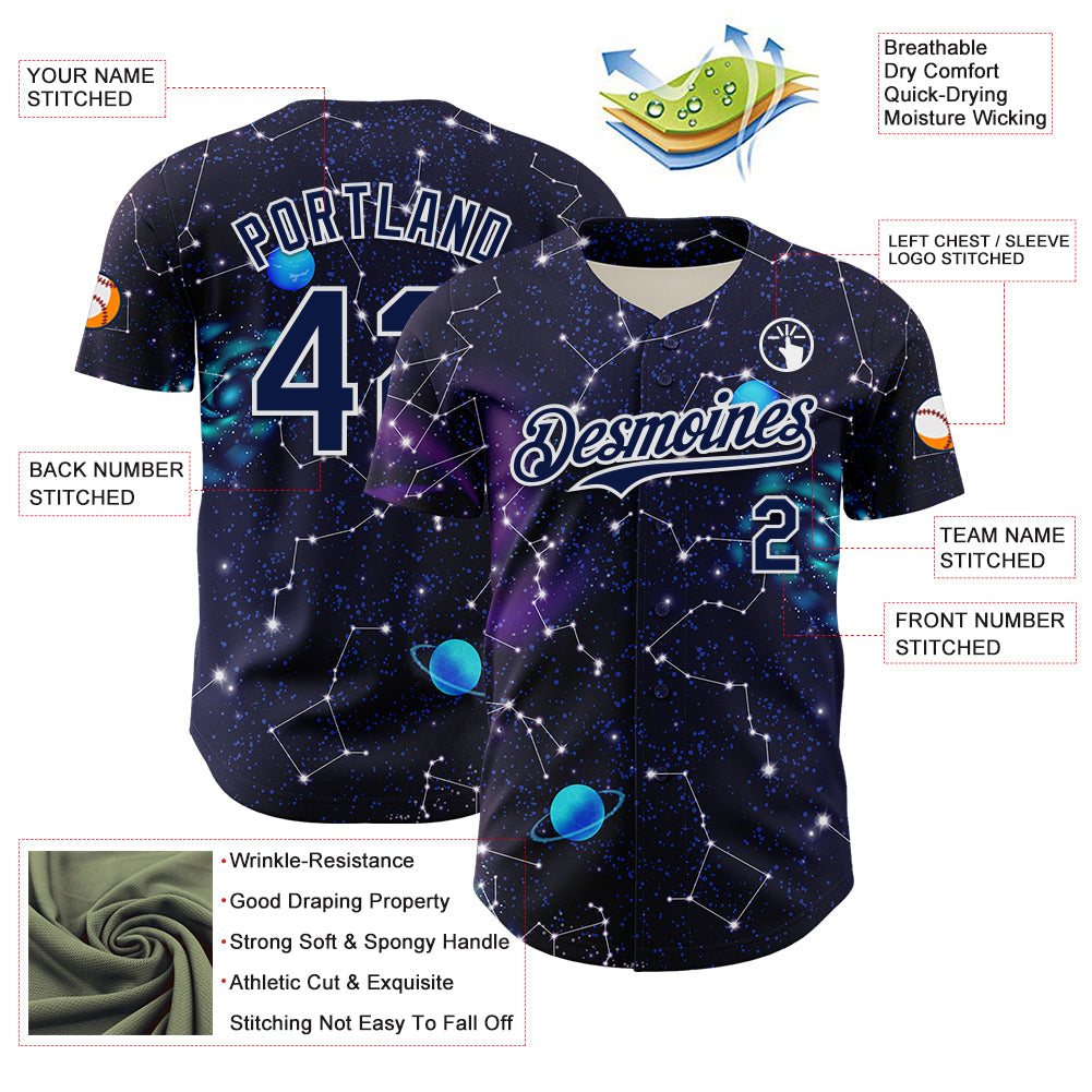 Custom Dark Purple Navy-White 3D Pattern Design Outer Space Galaxy Solar Authentic Baseball Jersey - Sky-Custom