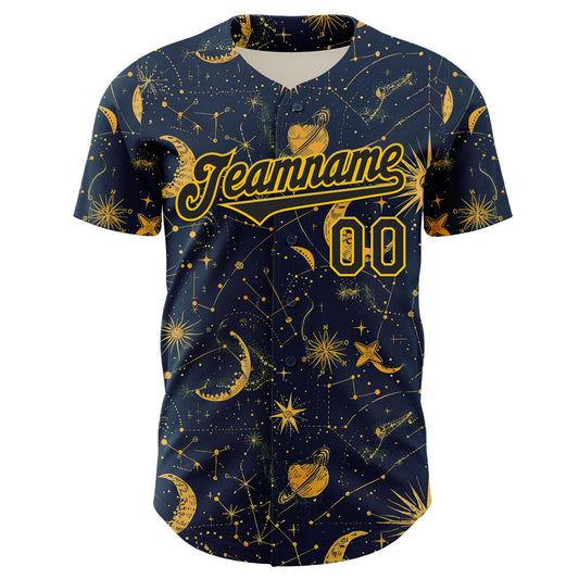 Custom Blue Black-Yellow 3D Pattern Design Outer Space Galaxy Solar Authentic Baseball Jersey - Sky-Custom