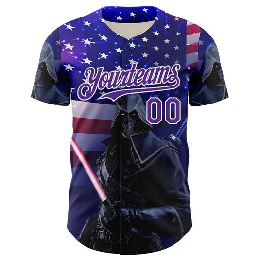 Custom Blue Purple-White 3D Pattern Design Outer Space Light Swords American Flag Authentic Baseball Jersey - Sky-Custom