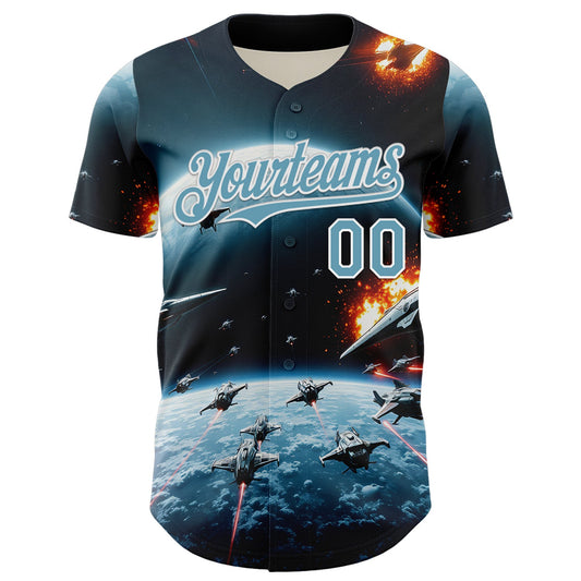 Custom Blue Shadow Blue-White 3D Pattern Design Outer Space Starships Authentic Baseball Jersey - Sky-Custom