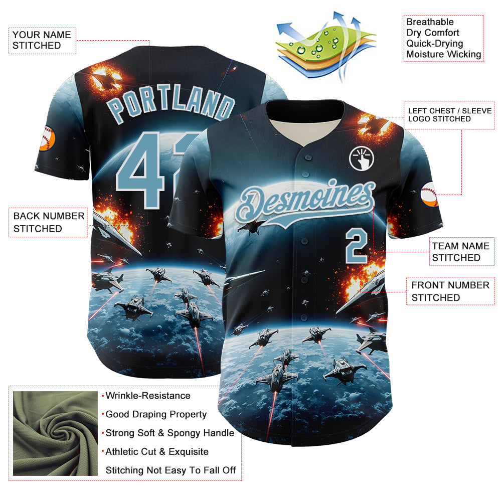 Custom Blue Shadow Blue-White 3D Pattern Design Outer Space Starships Authentic Baseball Jersey - Sky-Custom