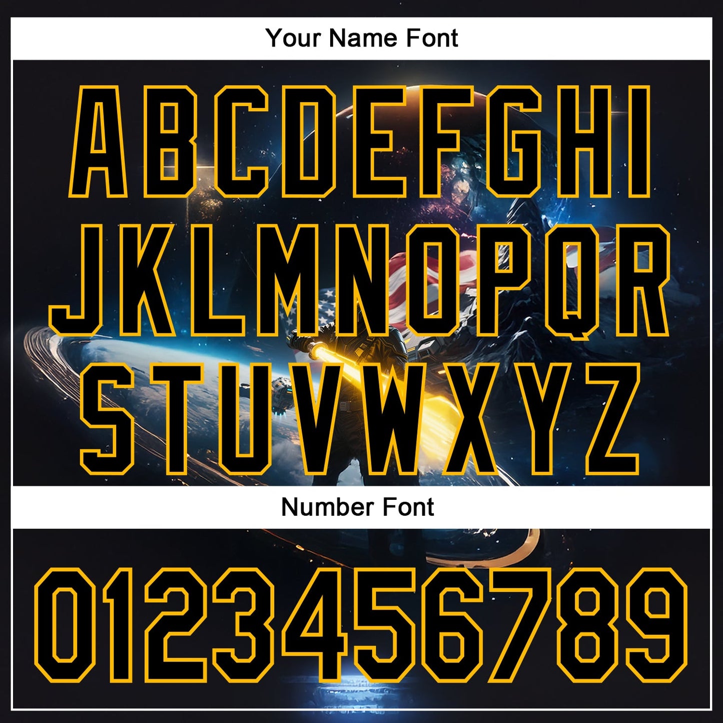 Custom Black Gold 3D Pattern Design Outer Space Light Swords American Flag Authentic Baseball Jersey - Sky-Custom