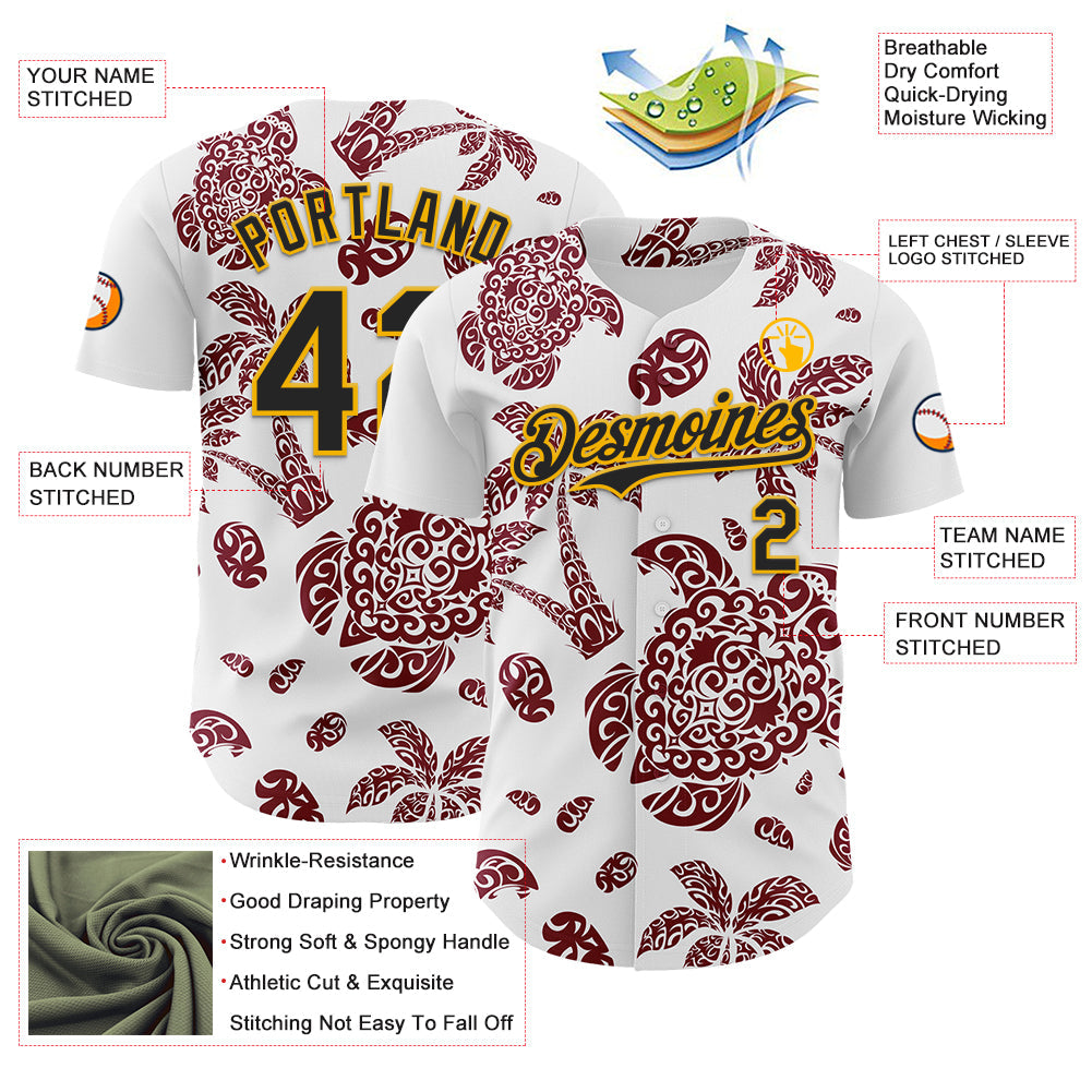 Custom White Black Crimson-Gold 3D Polynesian Style Palm Trees Islander Authentic Baseball Jersey - Sky-Custom