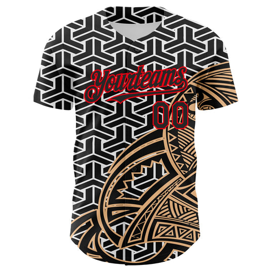 Custom White Black Old Gold-Fire Red 3D Polynesian Style Islander Authentic Baseball Jersey - Sky-Custom